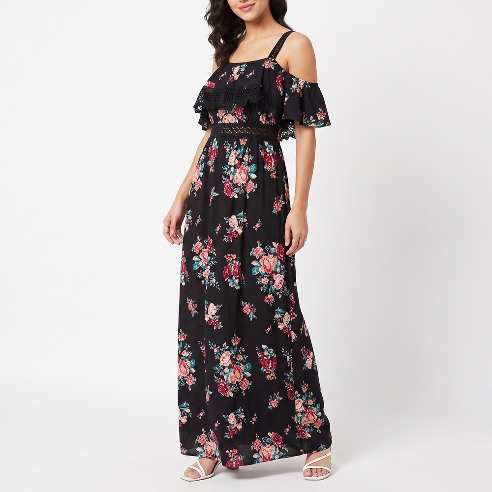 No Boundaries Maxi Dress Womens L Off The Shoulder Black Floral Boho NWT